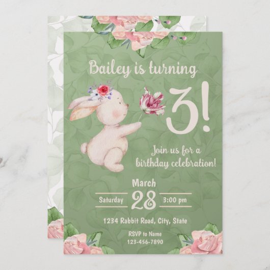 春バニーラビット誕生日招待状 招待状 (正面/裏面)