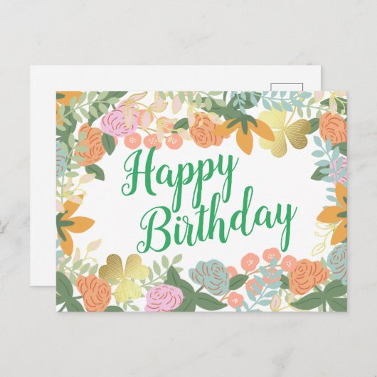 春バラ開花クローバーハッピーバースデー ポストカード (正面/裏面)