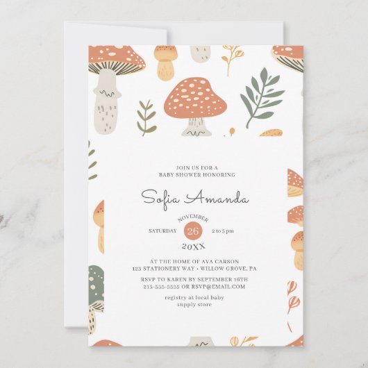 春パステルコタジェコアマッシュルームベビーシャワー 招待状 (正面)