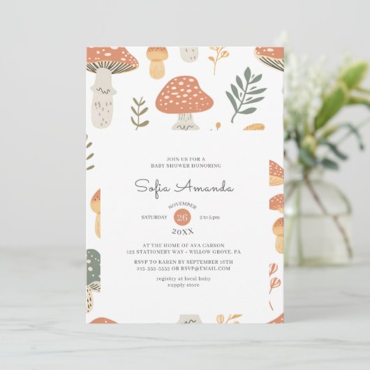 春パステルコタジェコアマッシュルームベビーシャワー 招待状 (スタンド正面)