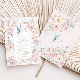 春パステルピンクストークワイルドフラワーベビーシャワー 招待状