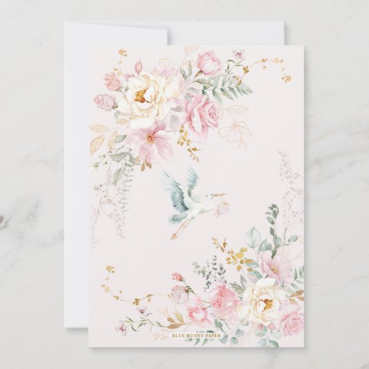 春パステルピンクストークワイルドフラワーベビーシャワー 招待状 (裏面)