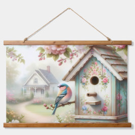 春パステルフラワーアンドバード付きバードハウス 吊り下げ型タペストリー