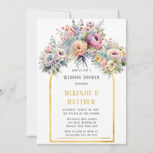 春パステルフローラブーケアーチウェディングシャワー 招待状 (正面)