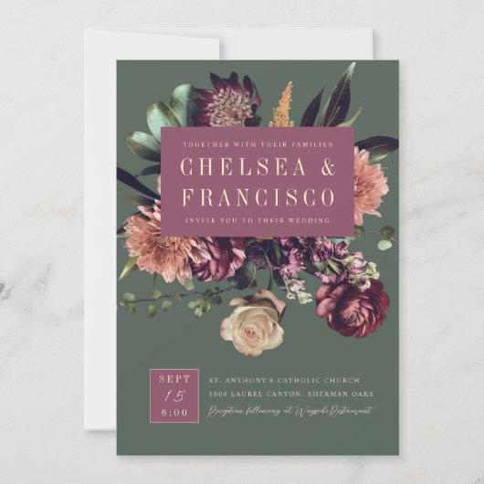 春パープルカラフルグリーンの豊結婚かさ 招待状 (正面)