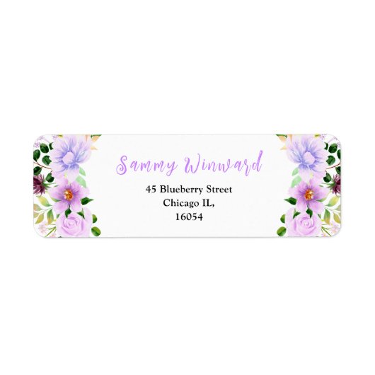 春パープルフローラと葉のブライダルシャワー ラベル (正面)