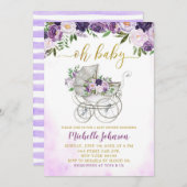 春パープルフローラベビーカー赤ちゃんシャワー 招待状 (正面/裏面)