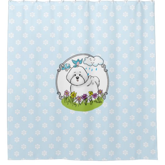 春ビコンフリースドッグ花付き – かわいい シャワーカーテン (正面)