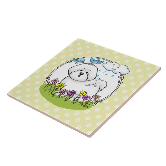 春ビコンフリースドッグ花付き – かわいい タイル (側面)