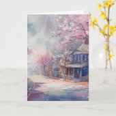 春ビレッジシーンハローグリーティング カード (黄色い花)