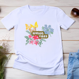春ビーズシーズンカラフルフラワー&蝶 Tシャツ