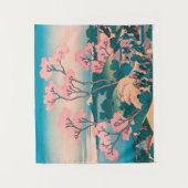 春ピクニックアンダーさくらんぼツリーフラワーズ山富士 タペストリー (正面)