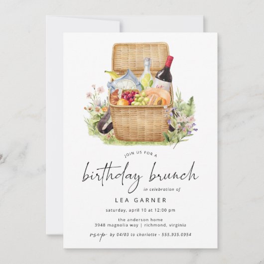 春ピクニック |かわいいフローラ誕生日ブランチ 招待状 (正面)
