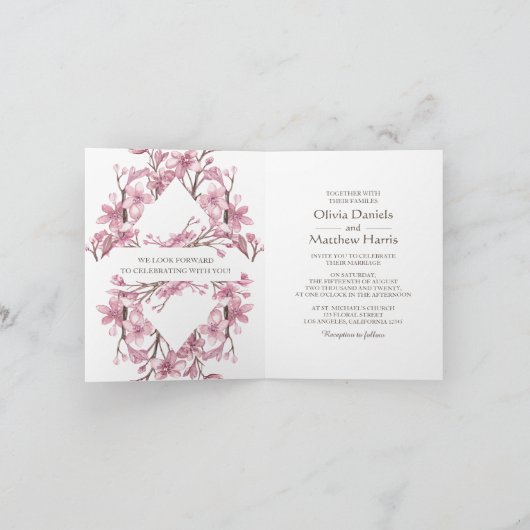 春ピンクさくらんぼの花。フローラ結婚の折り曲げ 招待状 (内部)
