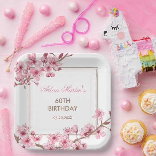 春ピンクさくらんぼブロッサムフローラ誕生日 ペーパープレート (パーティー)