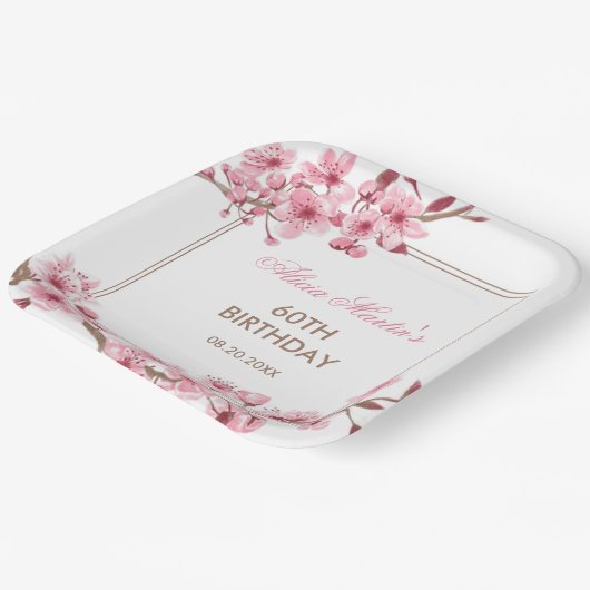春ピンクさくらんぼブロッサムフローラ誕生日 ペーパープレート (傾斜あり)