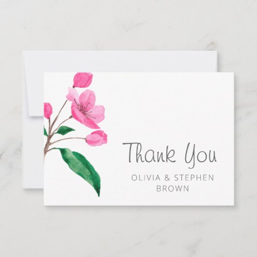 春ピンクさくらんぼ花。シックフローラ結婚ズ サンキューカード (正面)