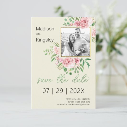 春ピンクと黄色のフローラ日付写真を保存 セーブザデート (スタンド正面)