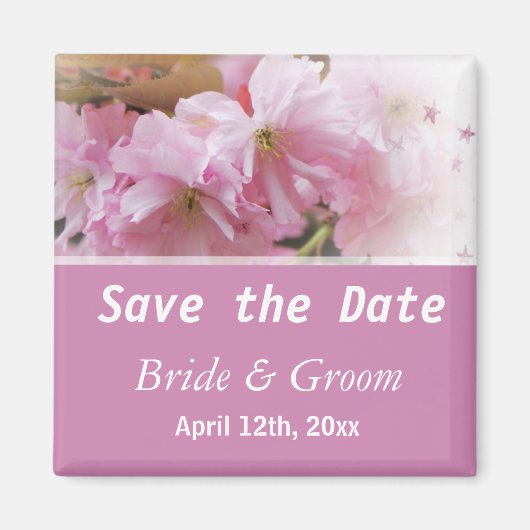 春ピンクのさくらんぼの花は日付結婚を保存 マグネット (正面)