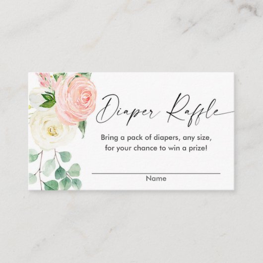 春ピンクのフローラグリーンベビーシャワーおむつラッフル エンクロージャーカード (正面)
