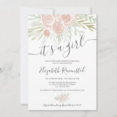 春ピンクの緑のフローラ水彩のベビーシャワー 招待状 (正面)