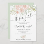 春ピンクの緑のフローラ水彩のベビーシャワー 招待状 (正面/裏面)