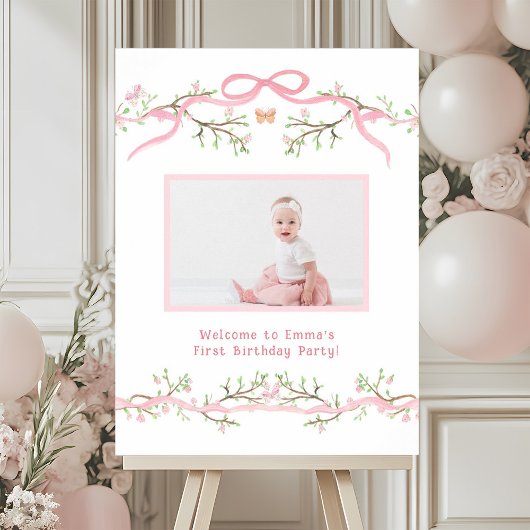 春ピンクの花の最初の誕生日の写真へようこそ ポスター