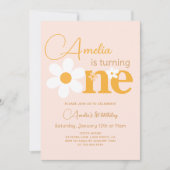 春ピンクイエローデイジー写真1st誕生日パーティー 招待状 (正面)