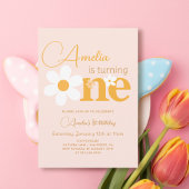 春ピンクイエローデイジー写真1st誕生日パーティー 招待状