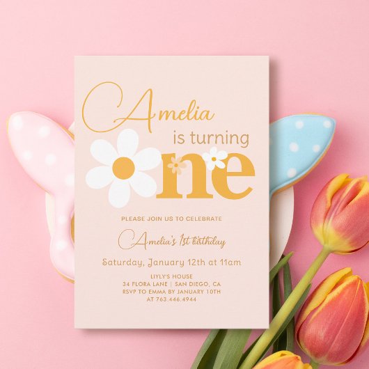 春ピンクイエローデイジー写真1st誕生日パーティー 招待状