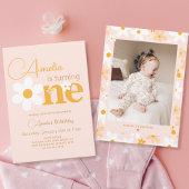 春ピンクイエローデイジー写真1st誕生日パーティー 招待状