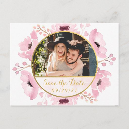 春ピンクウォーターカラーフローラ保存日付 案内ポストカード (正面)