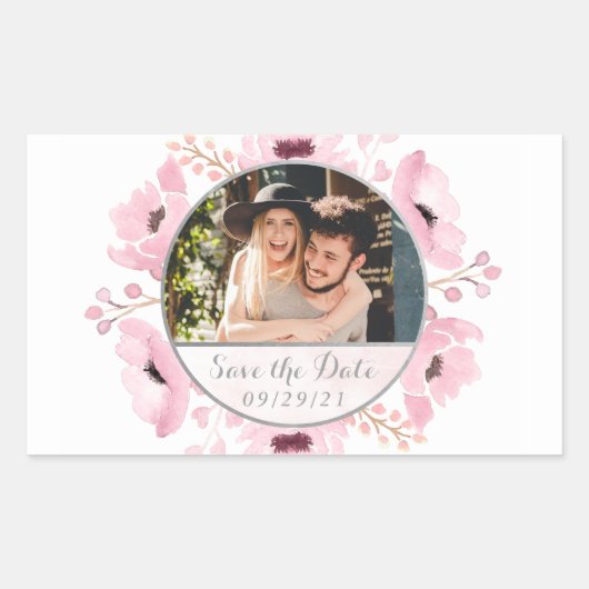 春ピンクウォーターカラーフローラ保存日付 長方形シール (正面)