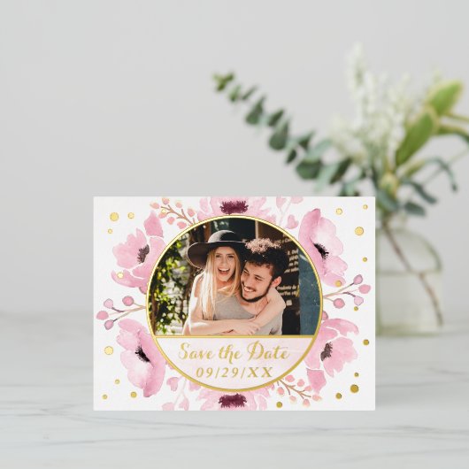 春ピンクウォーターカラーフローラ保存日実在付 箔招待状ポストカード (立ち正面)