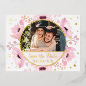 春ピンクウォーターカラーフローラ保存日実在付 箔招待状ポストカード (正面)