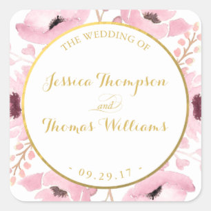 春ピンクウォーターカラーフローラ結婚ズコレクション スクエアシール