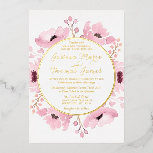 春ピンクウォーターカラーフローラ結婚ズコレクション 箔招待状 (正面)