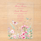 春ピンクバタフライフローラベビーシャワー アクリル招待状 (正面)