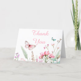 春ピンクバタフライフローラベビーシャワー サンキューカード
