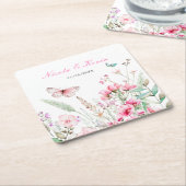 春ピンクバタフライ結婚フローラ スクエアペーパーコースター (アングル)