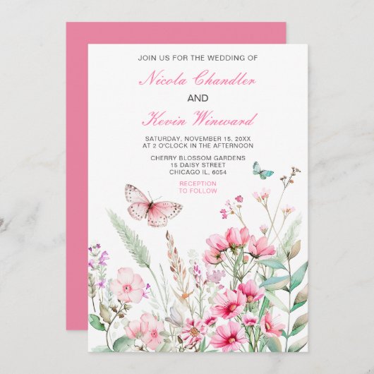 春ピンクバタフライ結婚フローラ 招待状 (正面/裏面)