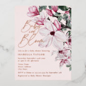 春ピンクフローラガールバラ金ゴールドベビーシャワー 箔招待状ポストカード (正面)