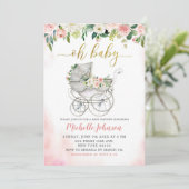 春ピンクフローラベビーカー赤ちゃんシャワー招待状 招待状 (スタンド正面)