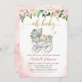 春ピンクフローラベビーカー赤ちゃんシャワー招待状 招待状 (正面/裏面)