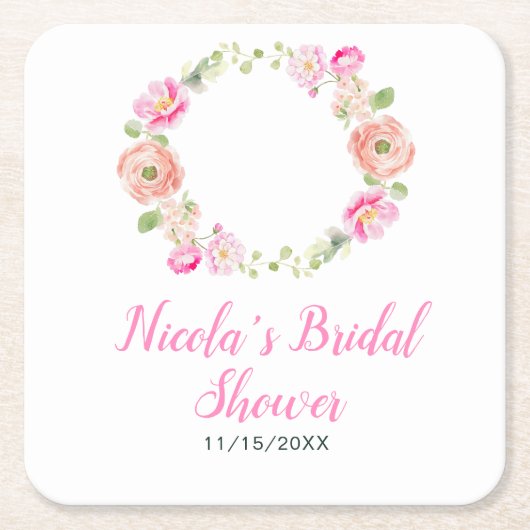 春ピンクフローラリースブライダルシャワー スクエアペーパーコースター (正面)
