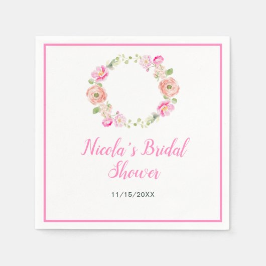 春ピンクフローラリースブライダルシャワー スタンダードカクテルナプキン (正面)