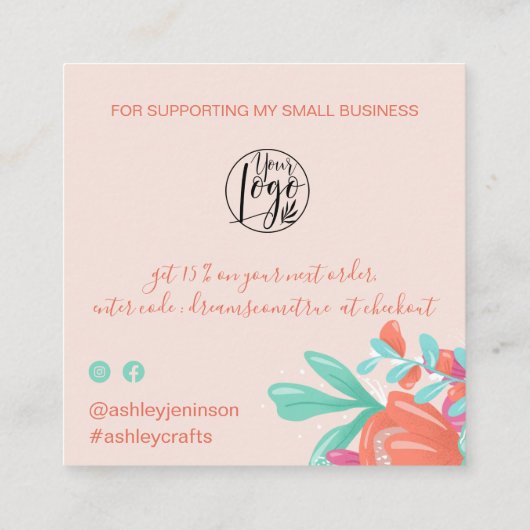 春ピンクフローラレトロスクリプトの順感謝してい序: スクエア名刺 (裏面)