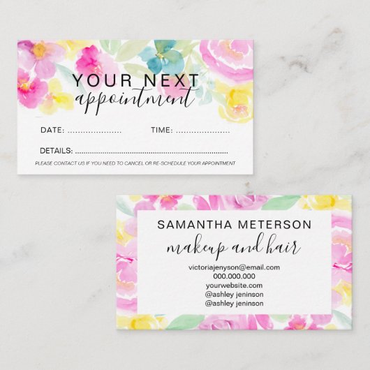 春ピンクルーズフローラ水彩ヘア化粧 予約カード (正面/裏面)