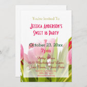 春ピンクレッドチューリップスウィート16誕生日 招待状 (正面/裏面)