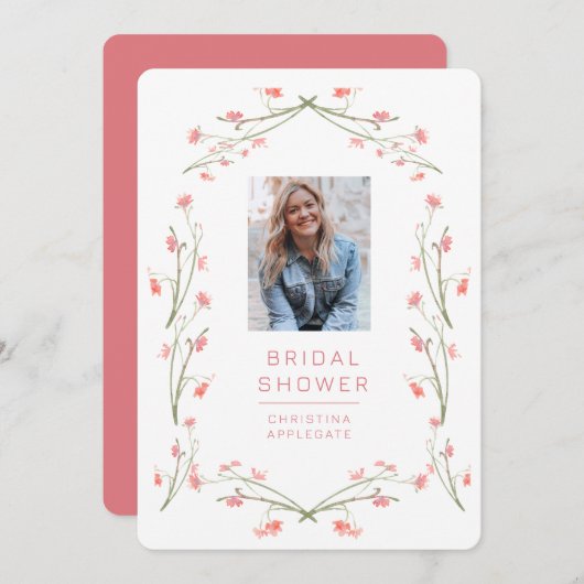 春ピンクワイルドフラワーフォトブライダルシャワー 招待状 (正面/裏面)